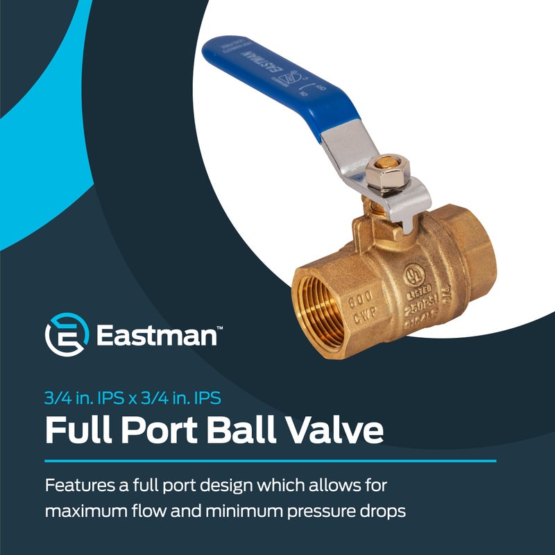 Eastman 3/4 Inch IPS Heavy Duty Full Port Ball Valve, Brass Plumbing Fitting, 20047LF - Image 2